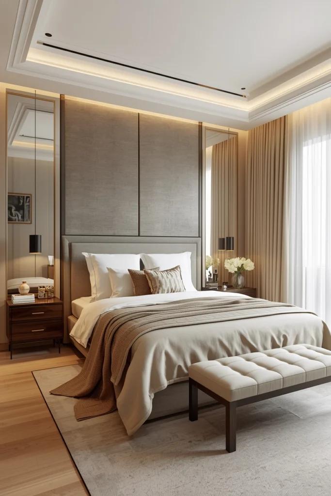 Neatly layered bedding with pillows and blankets.