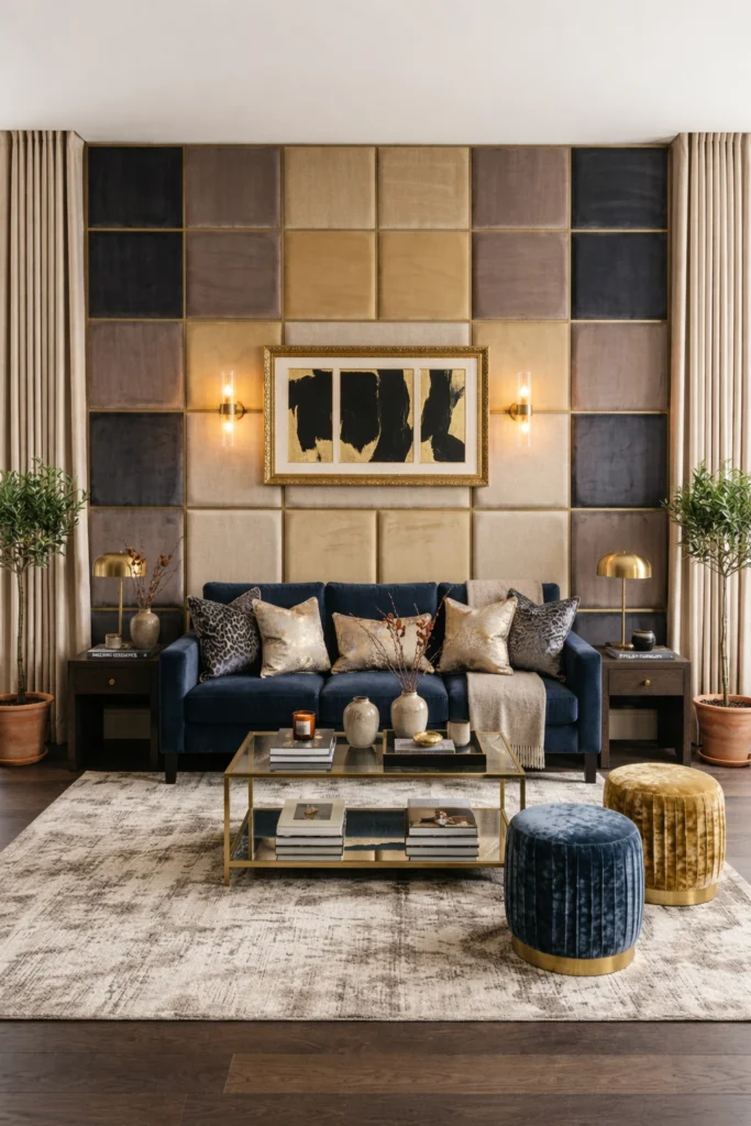 Velvet fabric acoustic panels fixed on living room wall