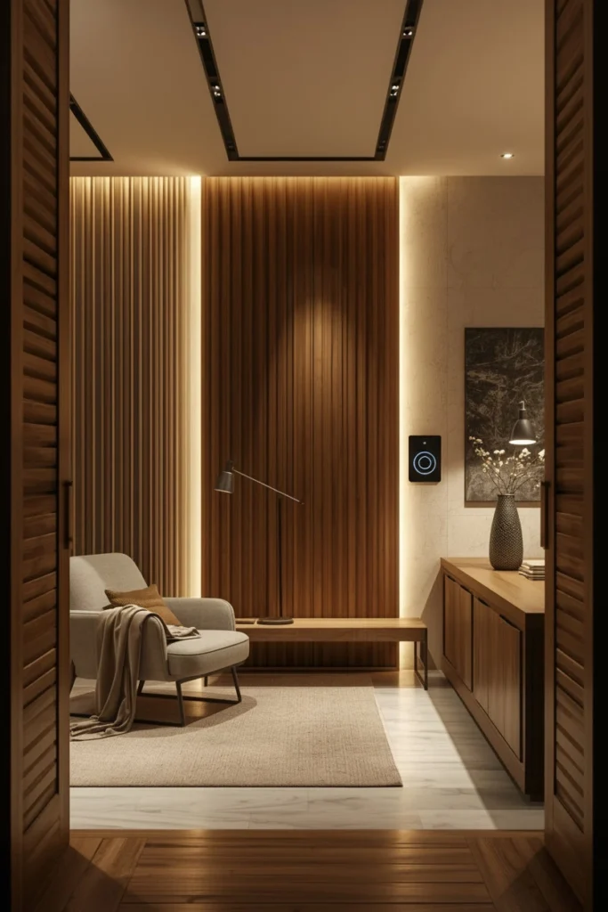 Dimmer switch controlling bright and soft room lighting.