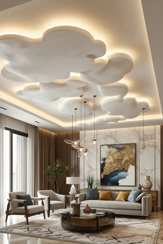 Floating cloud ceiling panels suspended on thin invisible rods.