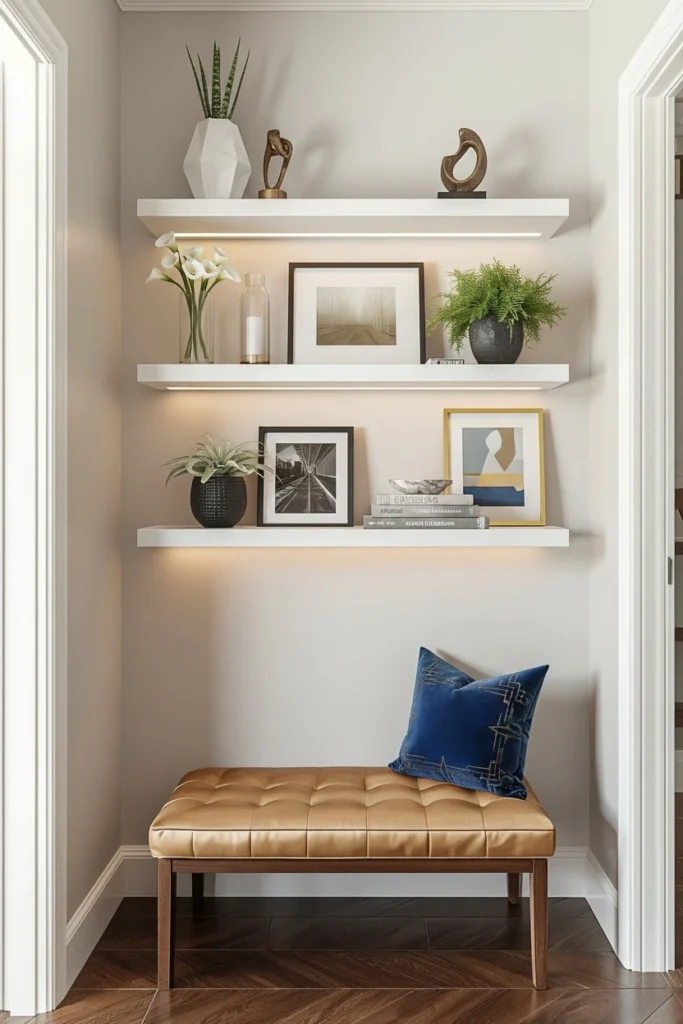Styled floating shelves mounted on narrow hallway wall.