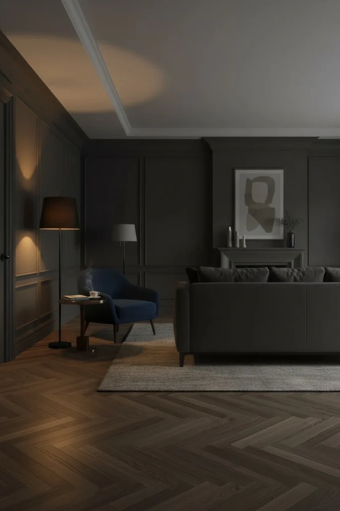 Floor lamp brightening up a previously dark room corner.