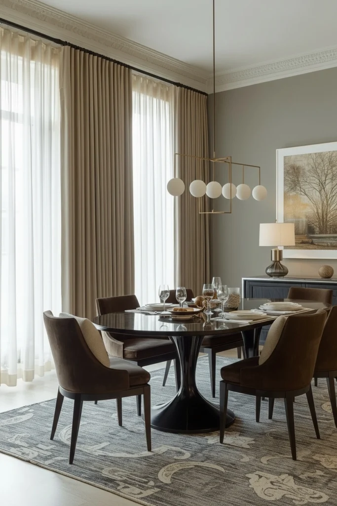 Floor-length linen curtains in bright dining room