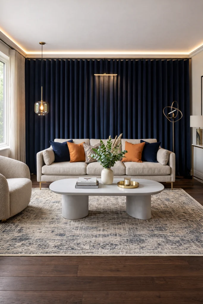 Floor to ceiling velvet curtains behind living room sofa