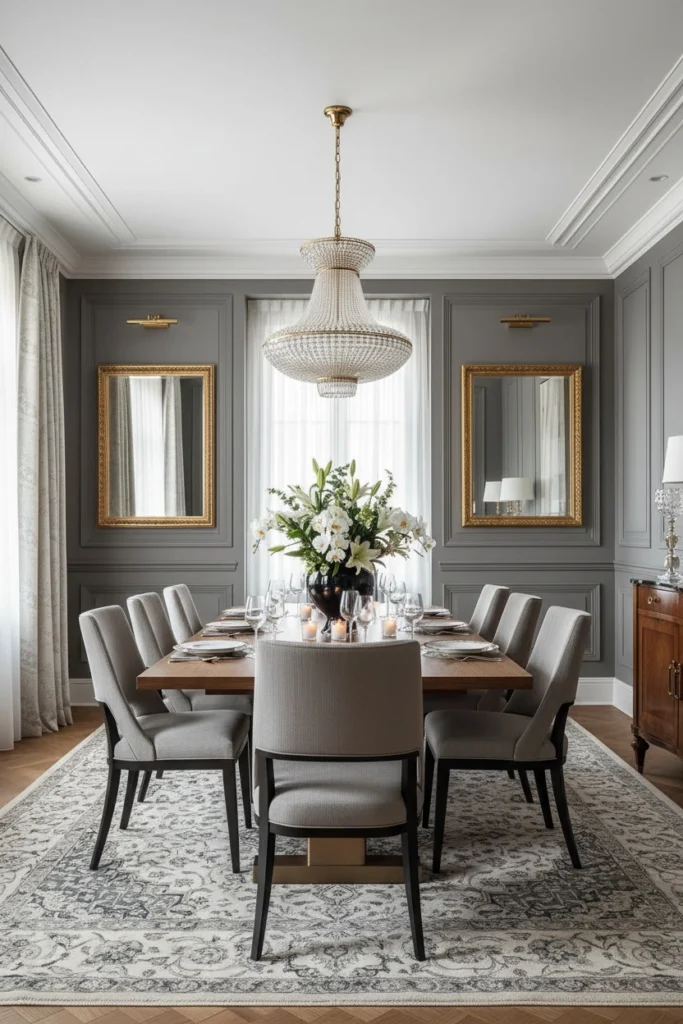White fluted wall panels in elegant dining room