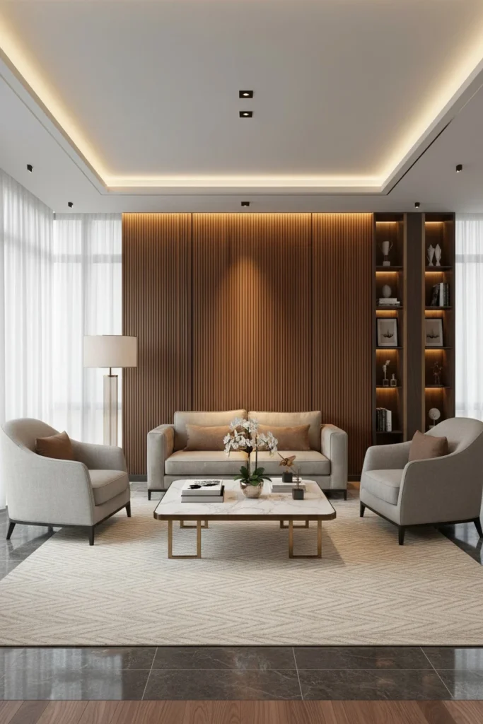 Fluted oak wood panels behind modern sofa wall