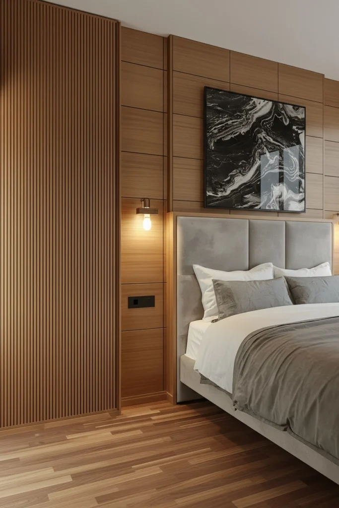 Fluted wood panels create elegant shadows on walls.