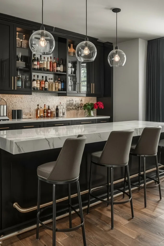 Metal footrest rail along base of bar counter.