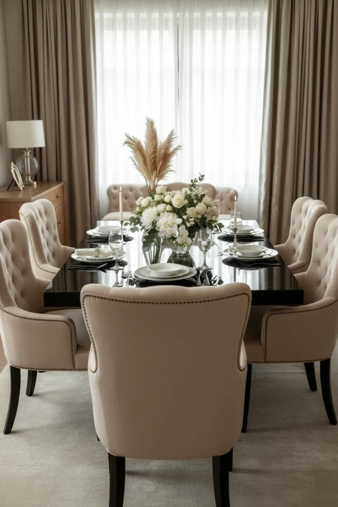 Fresh white roses in vase on dining table