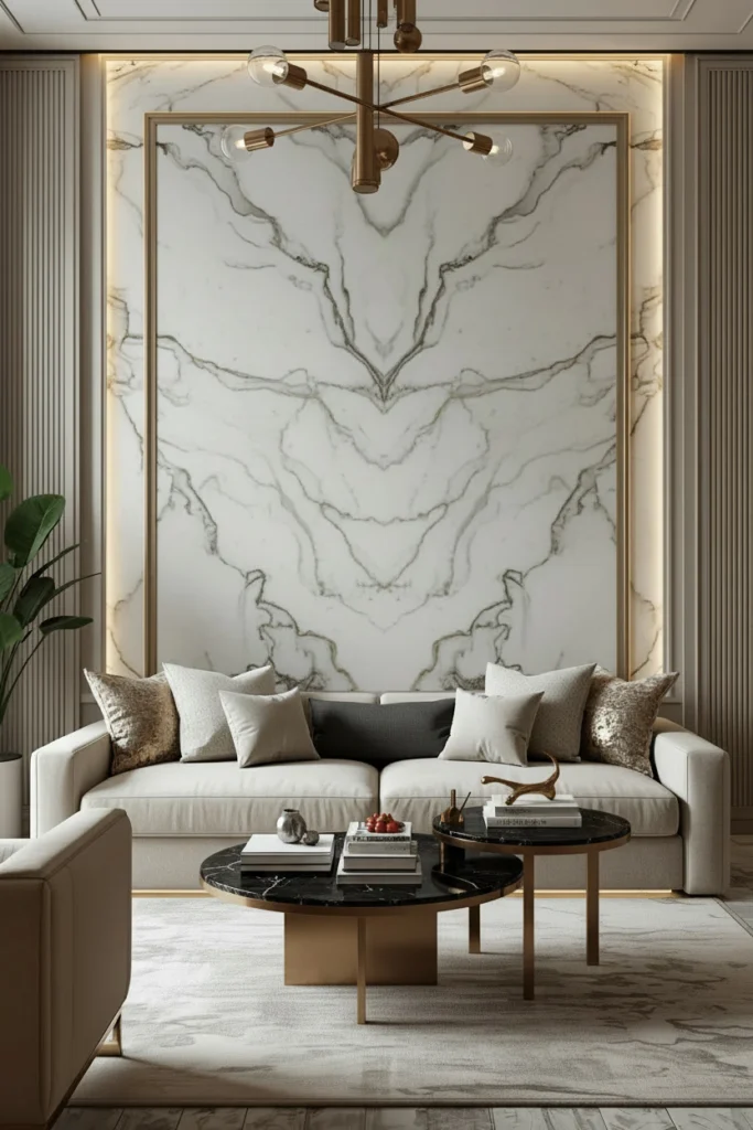 Full height marble slab behind luxury living room sofa