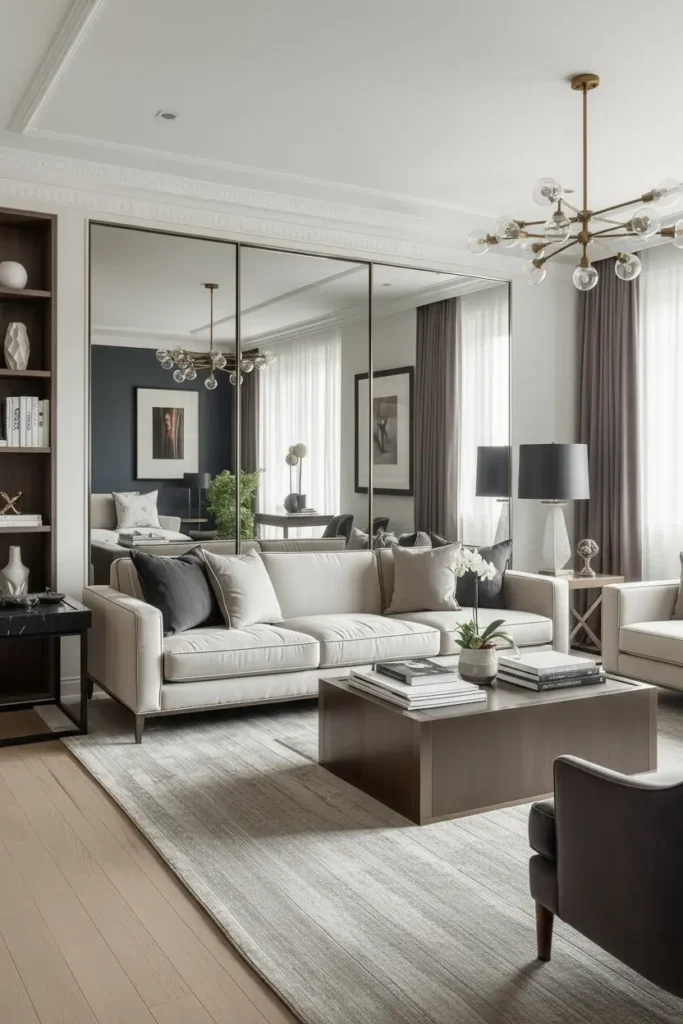 A full wall mirror expands the living room visually.