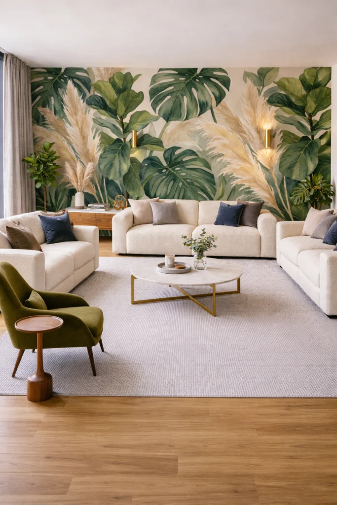 Full wall botanical mural wallpaper behind modern living sofa