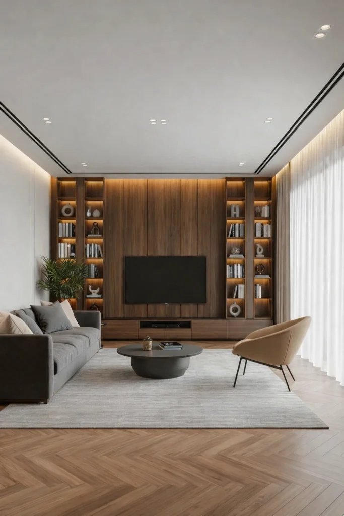 Velvet sofa and round chair complement wood panel walls.
