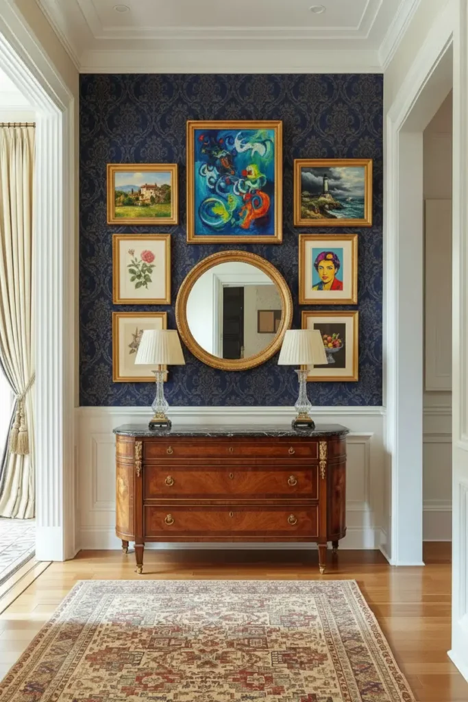 Mixed framed artwork arranged on hallway gallery wall.