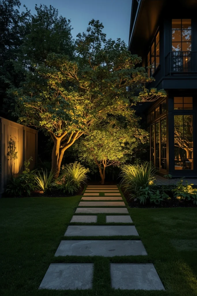 Garden lights illuminating trees and pathways at night.