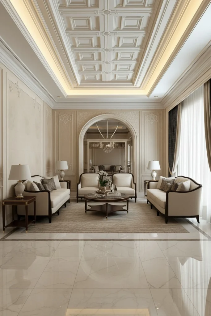 White geometric plaster relief ceiling with raised angular patterns.