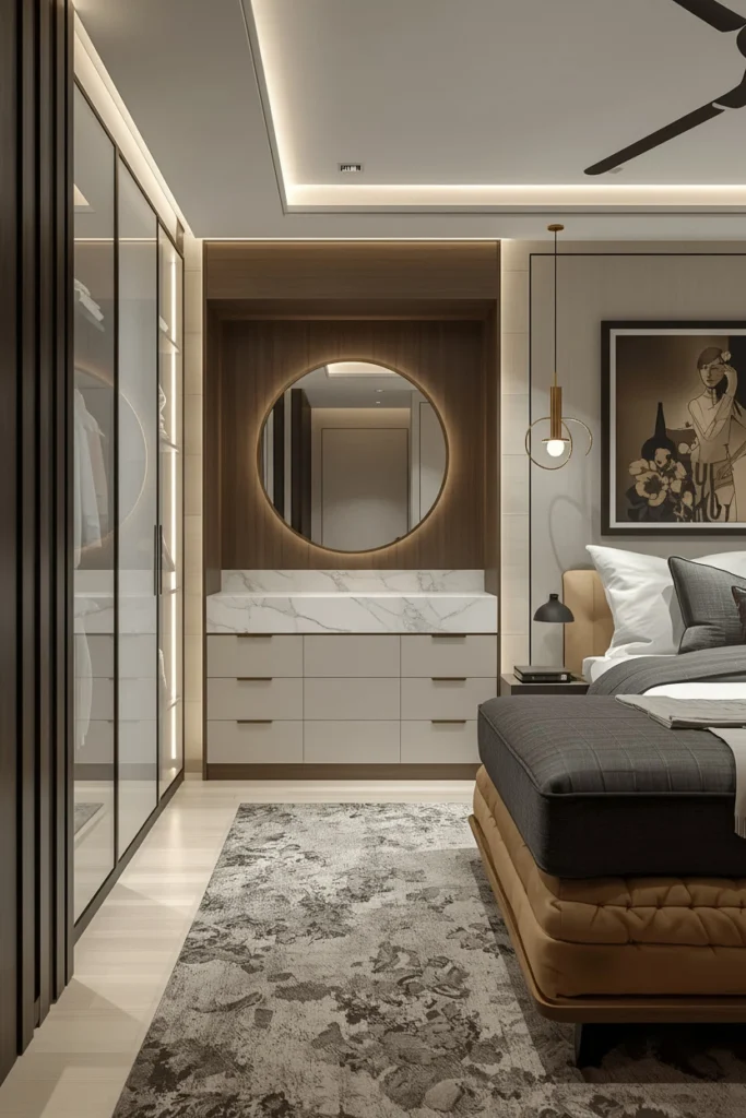 Styled dressing area with mirror, stool, and art.