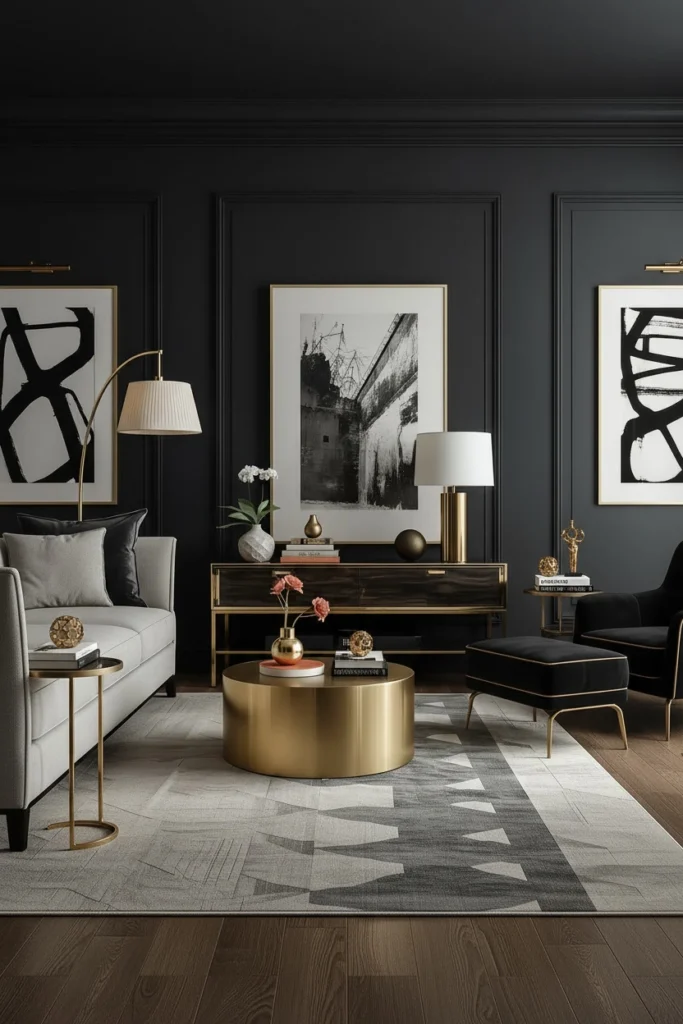 Gold and brass accents pair beautifully with wood panels.