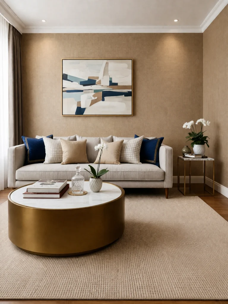 Woven grasscloth natural wall covering behind linen sofa