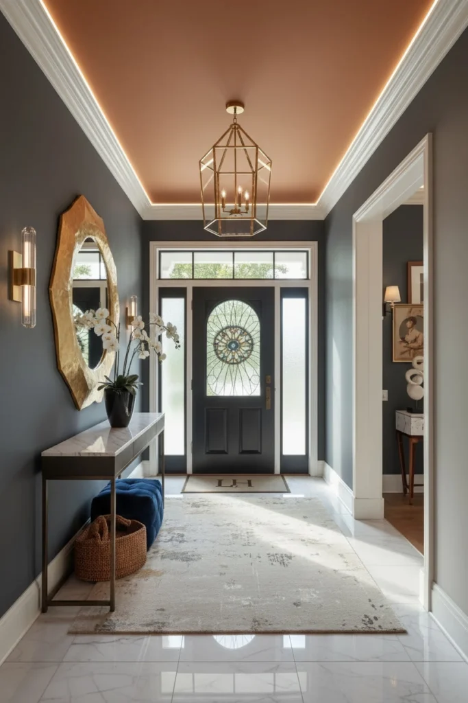Terracotta painted ceiling above cream hallway walls.