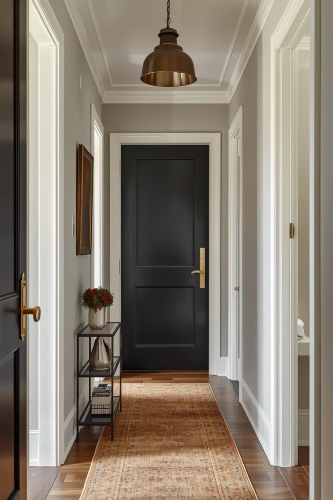 Brushed brass door handles and hooks in hallway.