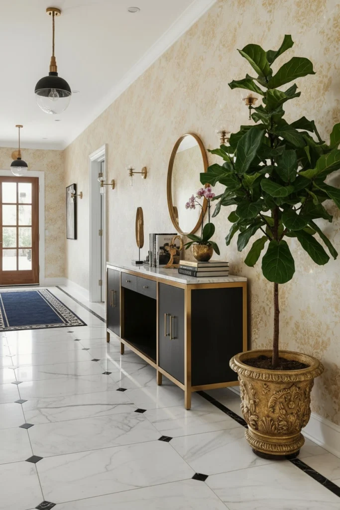 Tall fiddle leaf fig plant near hallway entrance.