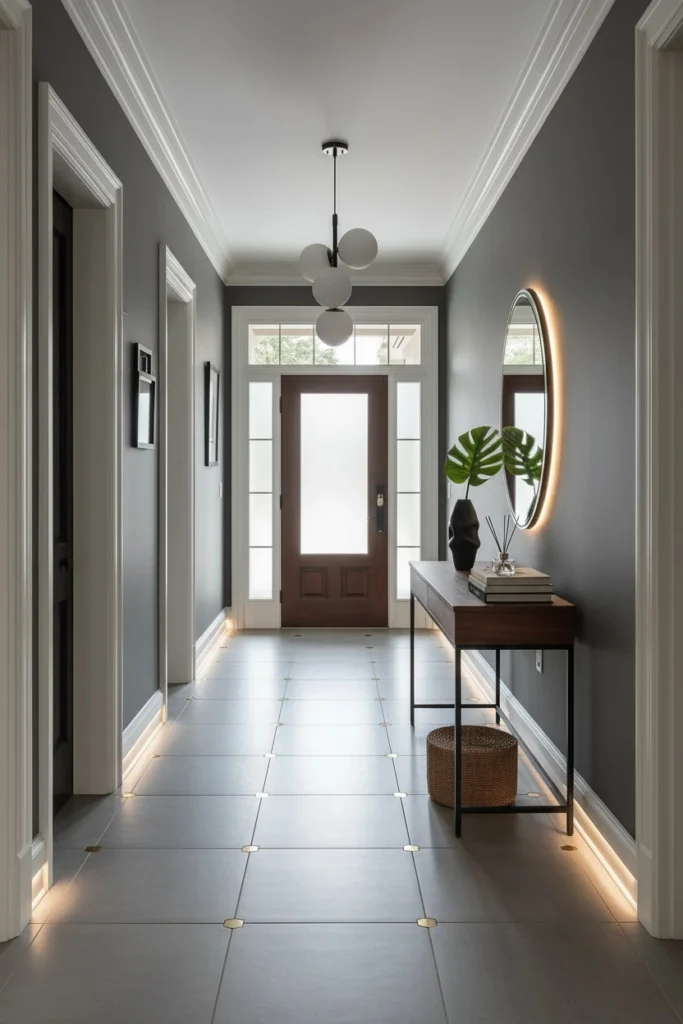 Geometric encaustic floor tiles at hallway front entrance.