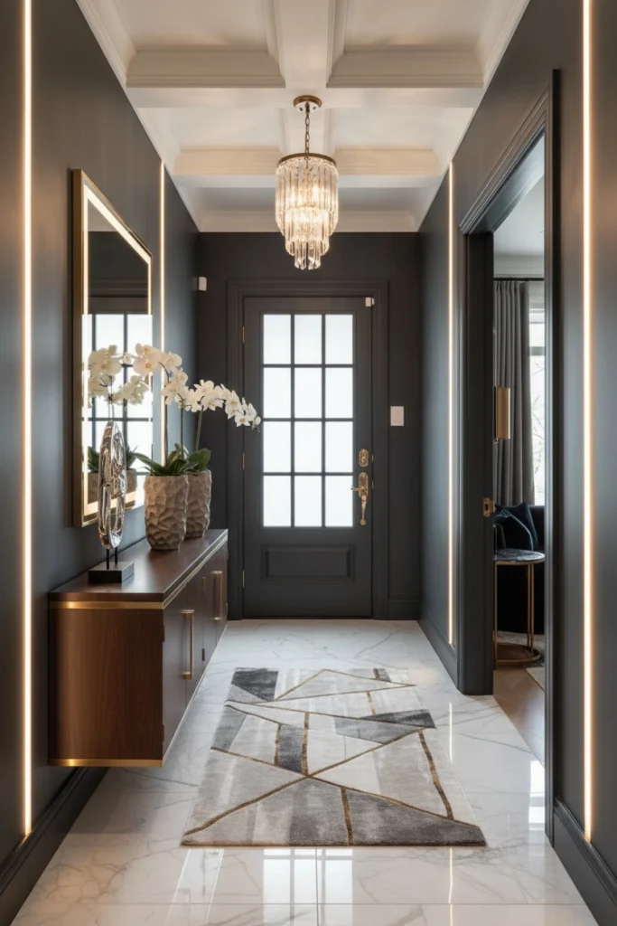 Bold mirror defining the focal point in hallway.