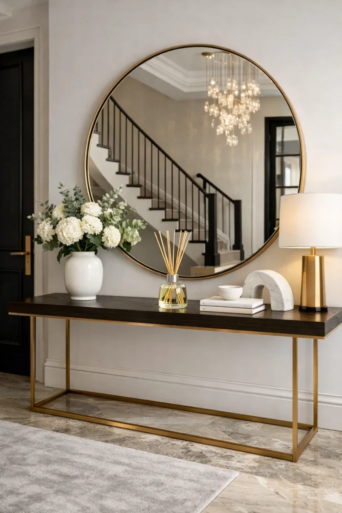 Reed diffuser placed on console table in hallway.