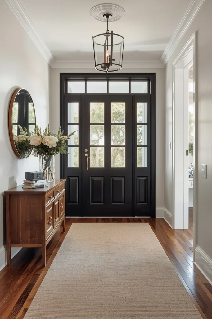 Organised hallway with shoe bench and wall hooks.
