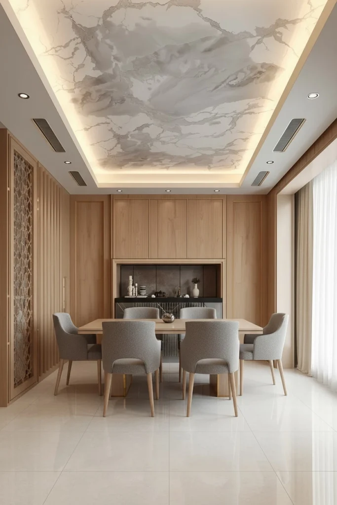Hand-polished Venetian plaster ceiling shining like smooth marble.