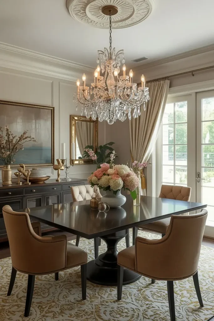 Brass chandelier hanging over elegant dining table