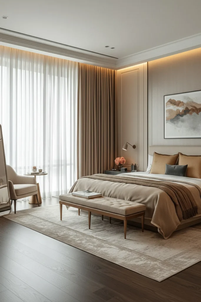 Long floor-to-ceiling heavy curtains beside bedroom window.