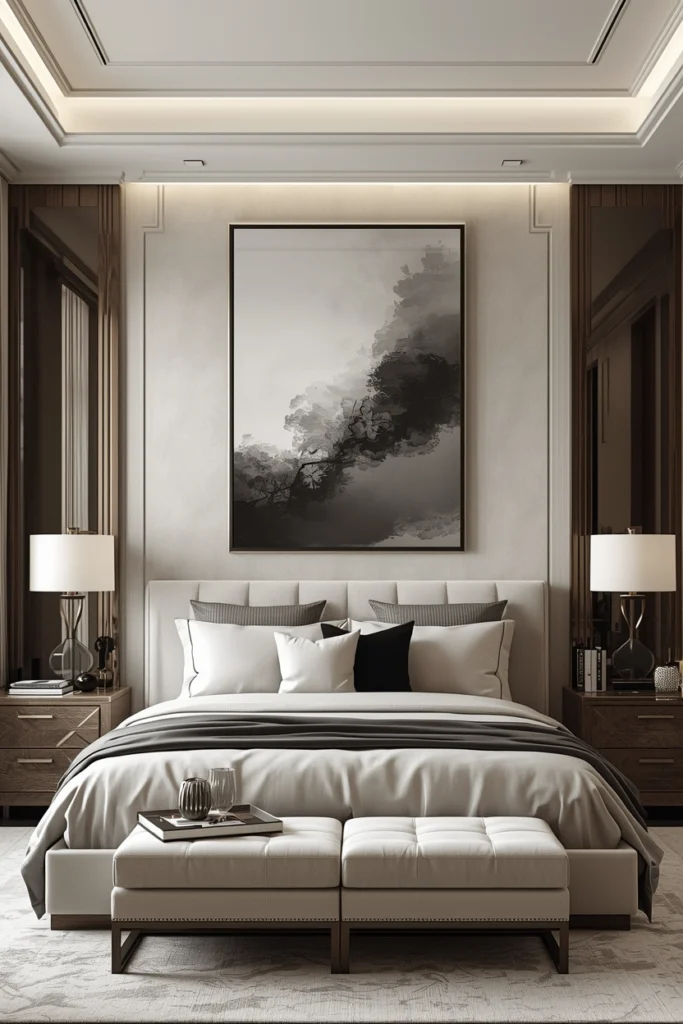 One large framed art piece hung above the bed.