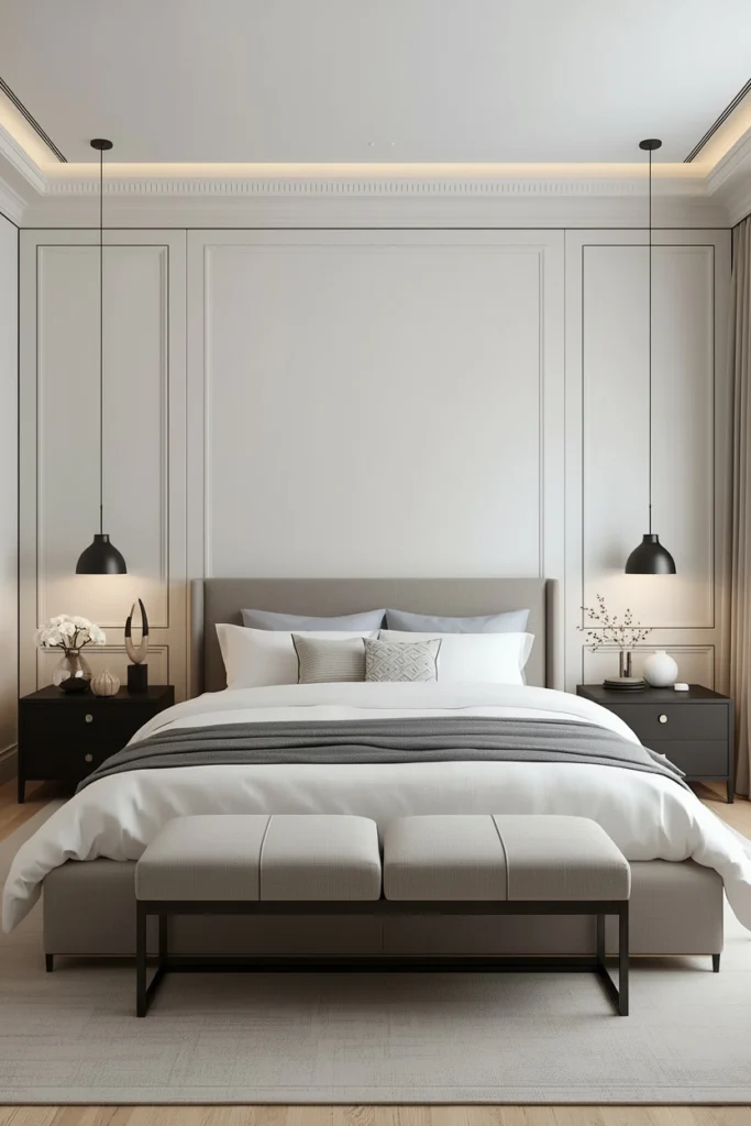 Pendant lights hanging above both bedside tables.