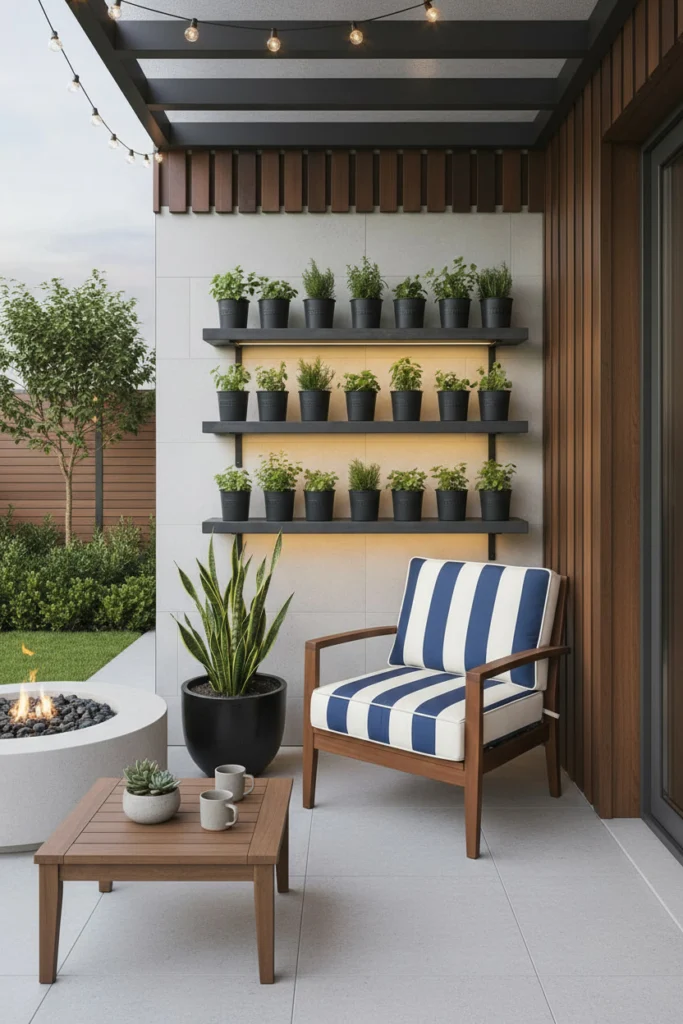 A wall shelf holds neat herb pots in matching black containers.
