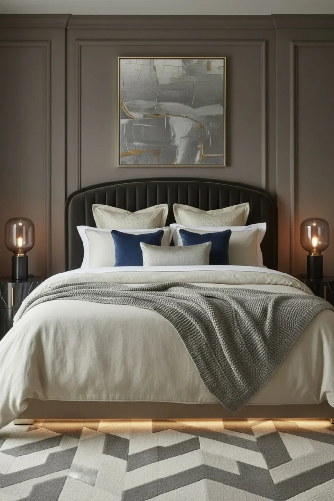 White linen bedding styled on a luxury bedroom bed.