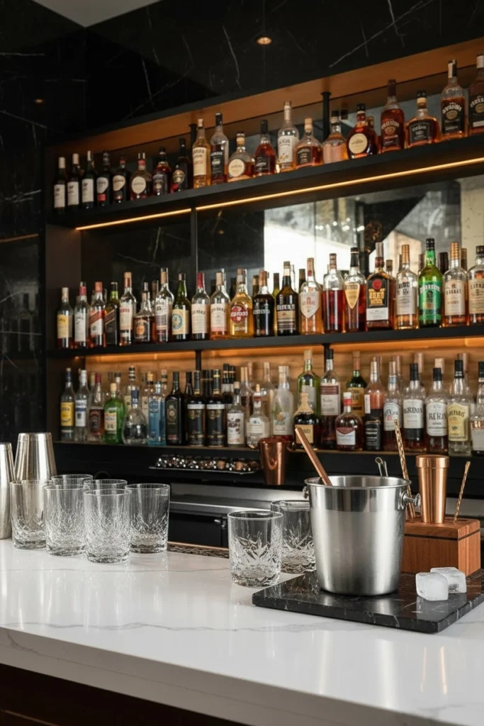 Countertop ice maker beside copper ice bucket station.