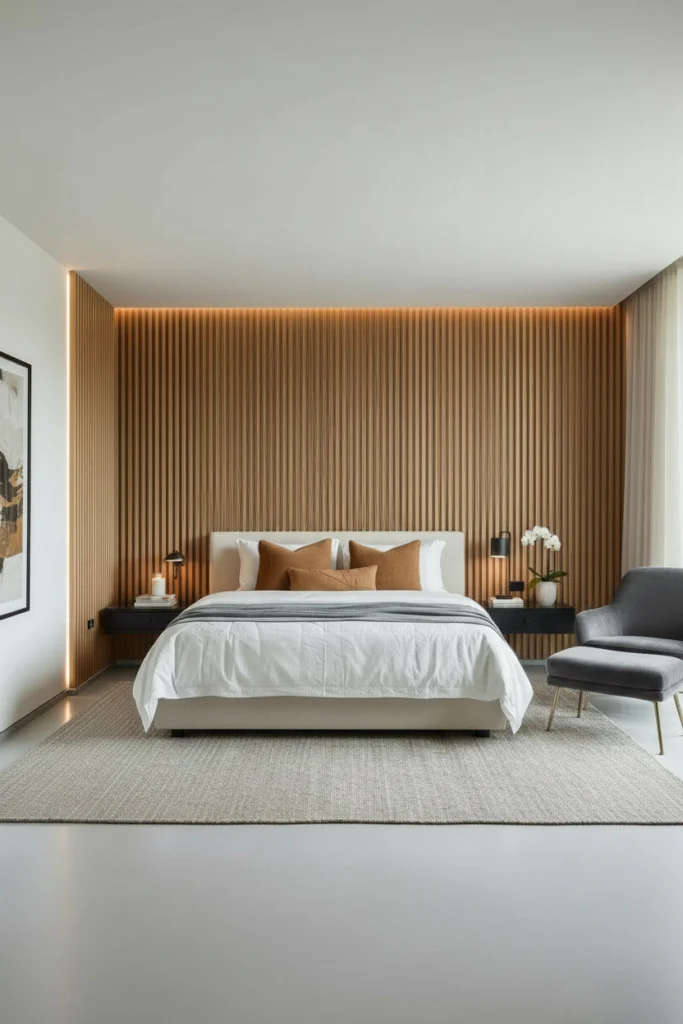 Vertical timber wood slats on bedroom feature wall.