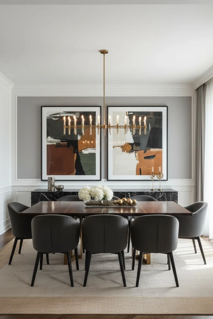 Two large framed art pieces on dining wall