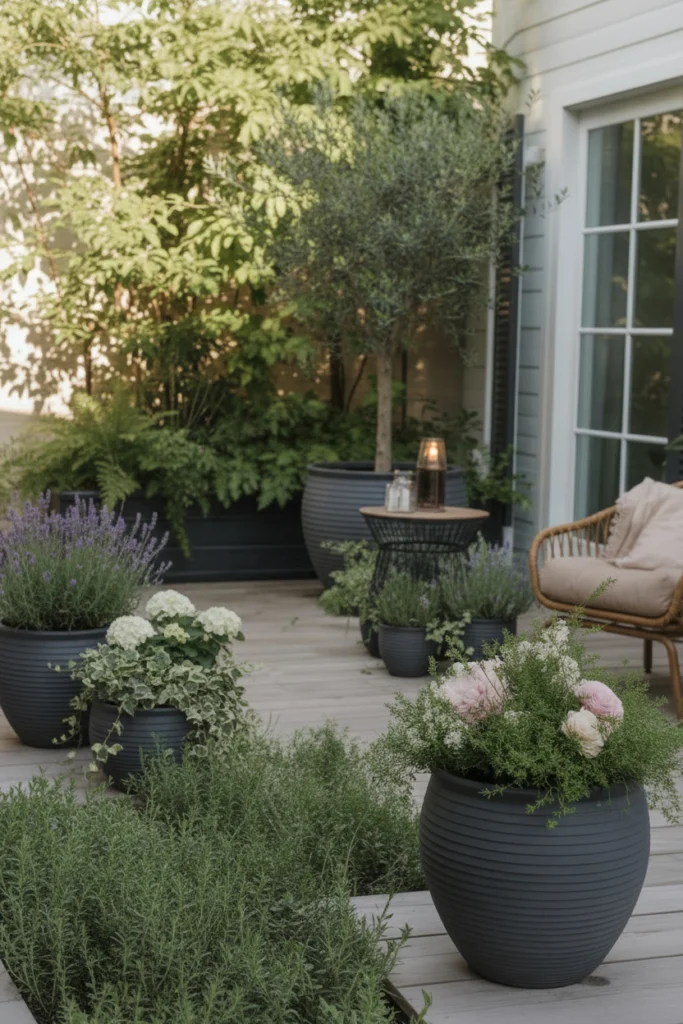 A large charcoal pot holds a tall olive tree outside.