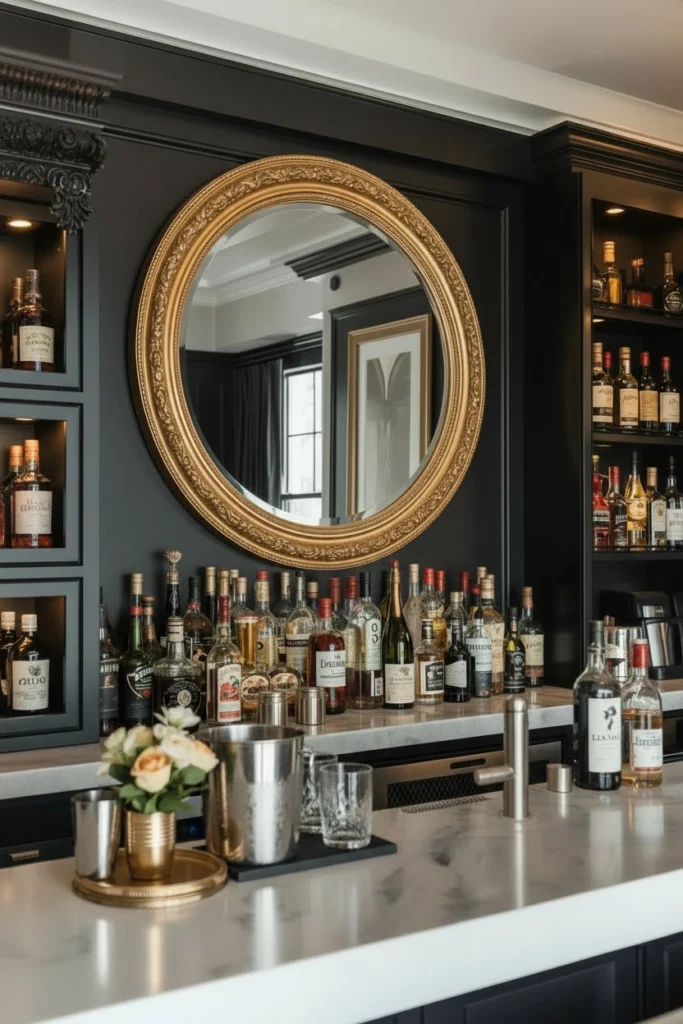 Large antique mirror reflecting a home bar shelf.