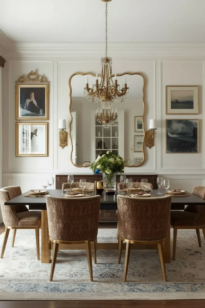 Large arched gold mirror on dining room wall