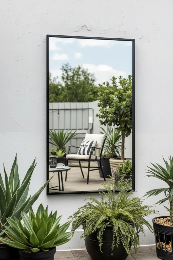 A large black framed mirror hangs on a patio wall.