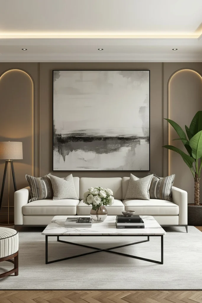 One large abstract painting above modern living room sofa