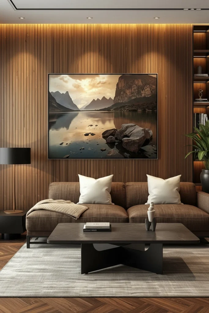 A large painting stands out on a wood panel wall.