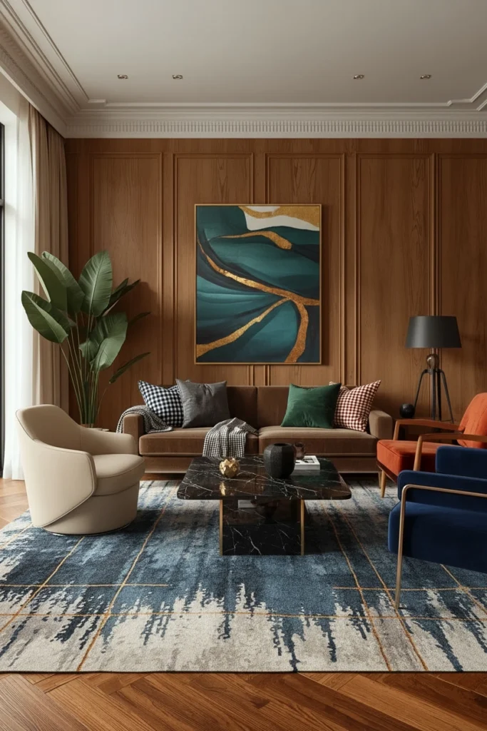 A large wool rug ties together a wood panel room.
