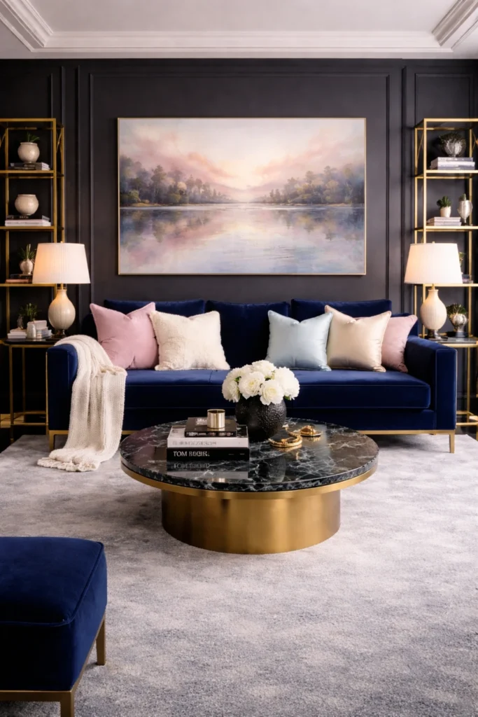 Linen and velvet cushions layered neatly on a sofa.