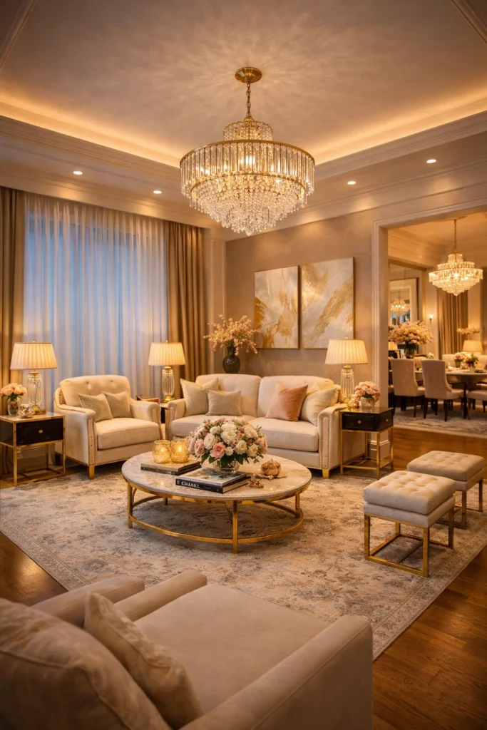 ceiling light and table lamp layered in cozy living room.