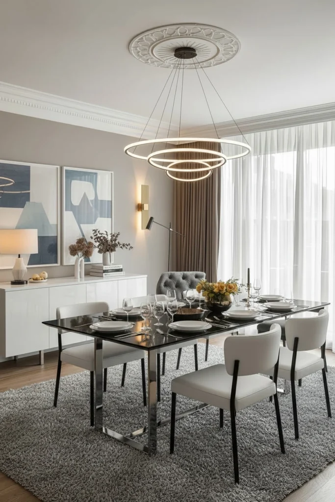 Layered lighting in warm elegant dining room